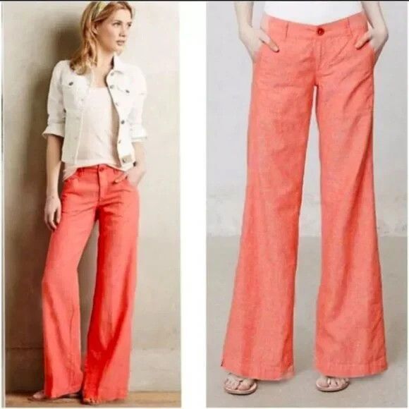 Pilcro & The Letterpress Linen Blend Women's 10 Wide Leg Coral Pants Lightweight - Picture 4 of 12